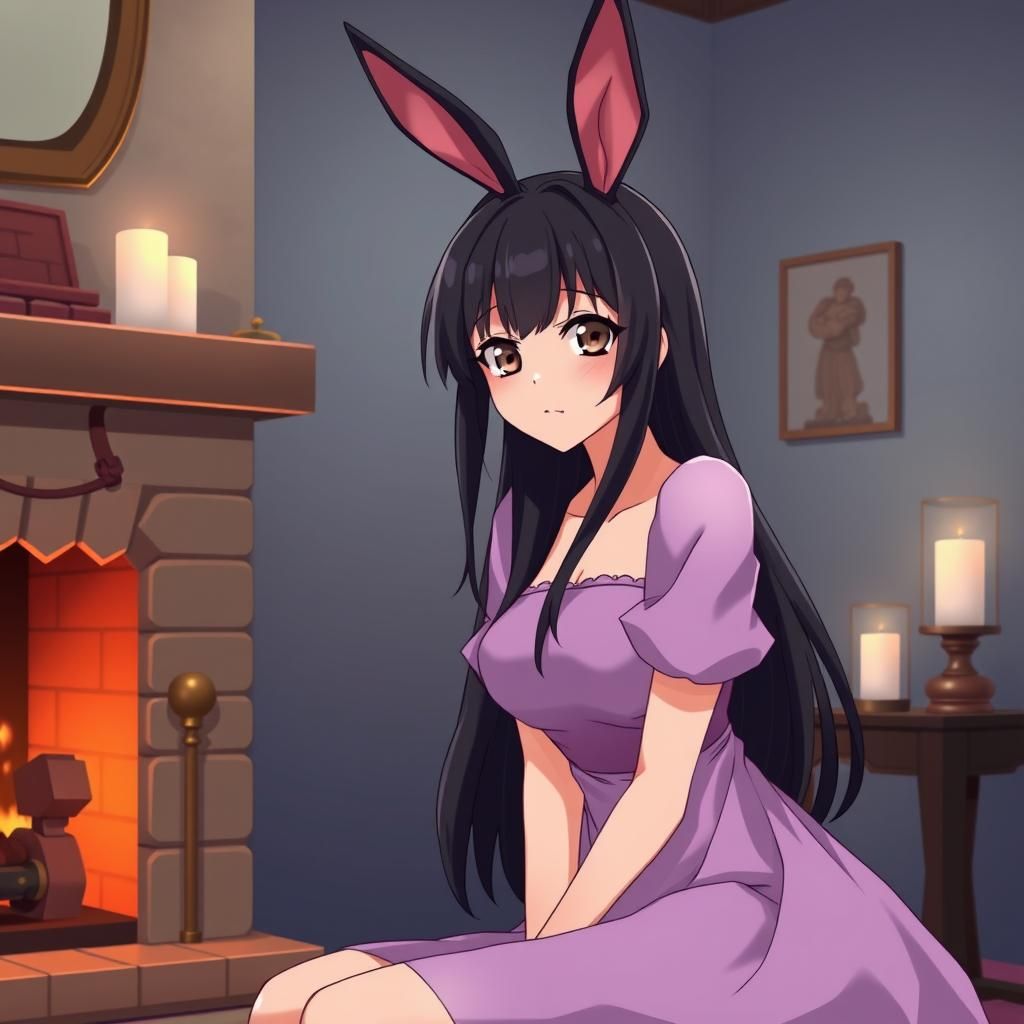 Anime Woman with Rabbit Ears by Fireplace