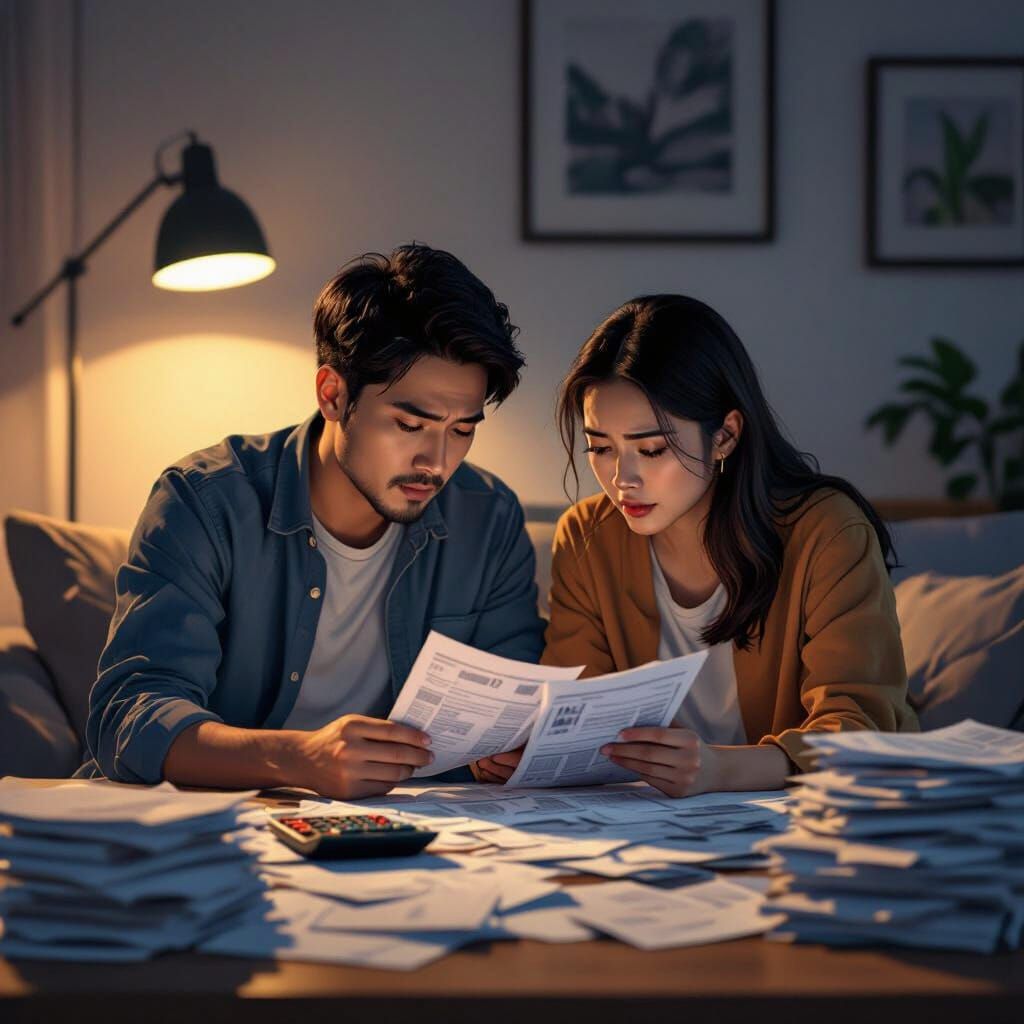 Indonesian Couple Anxious About Medical Bills: Digital Illus...