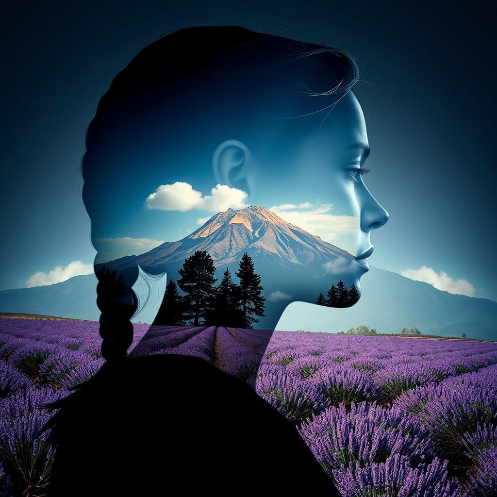 Woman's Silhouette Merged with Lavender Field and Mountain