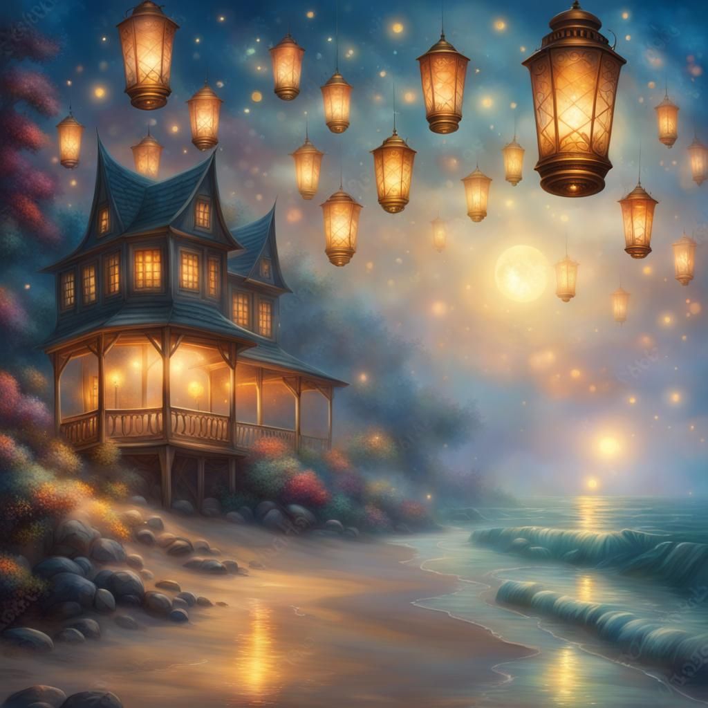 Ethereal Lanterns Ascend from Misty Beach
