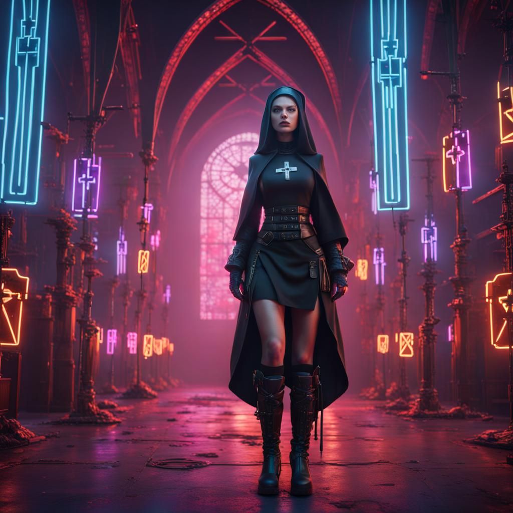 Cyberpunk Nun with Neon Crosses, Digital Matte Painting