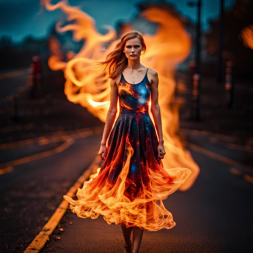 Fiery Woman in Burning Dress: 3D Render