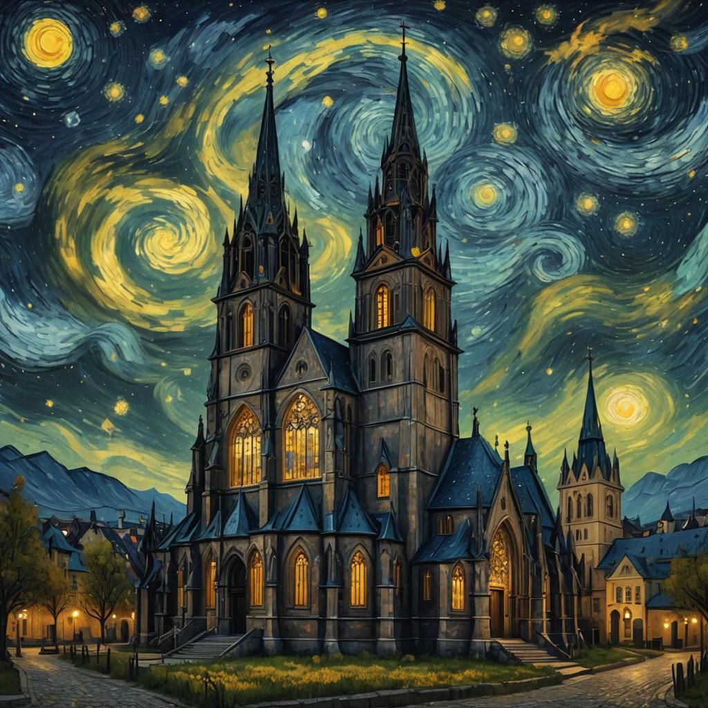 Starry Night Over Church in Van Gogh Style