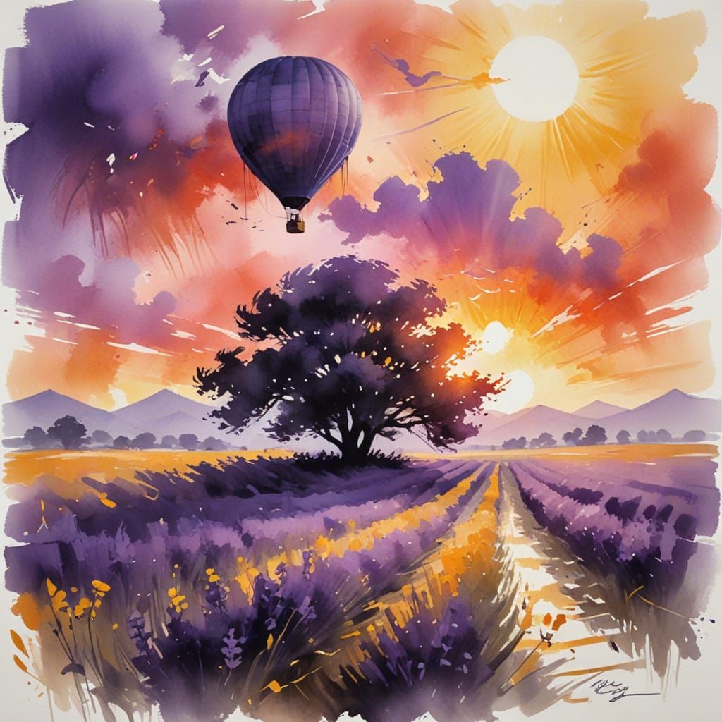 Hot Air Balloon Over Lavender Field at Sunrise
