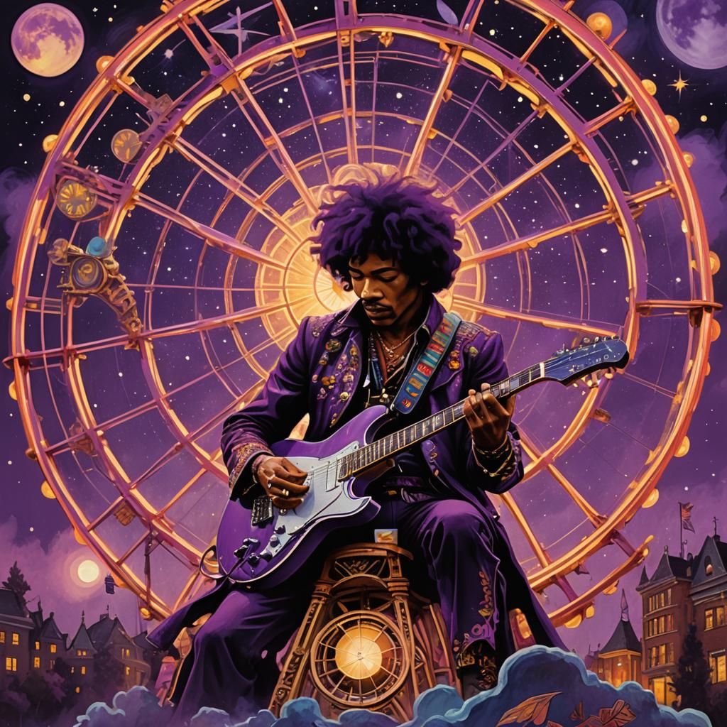 Jimi Hendrix on Armillary Sphere Under Ferris Wheel