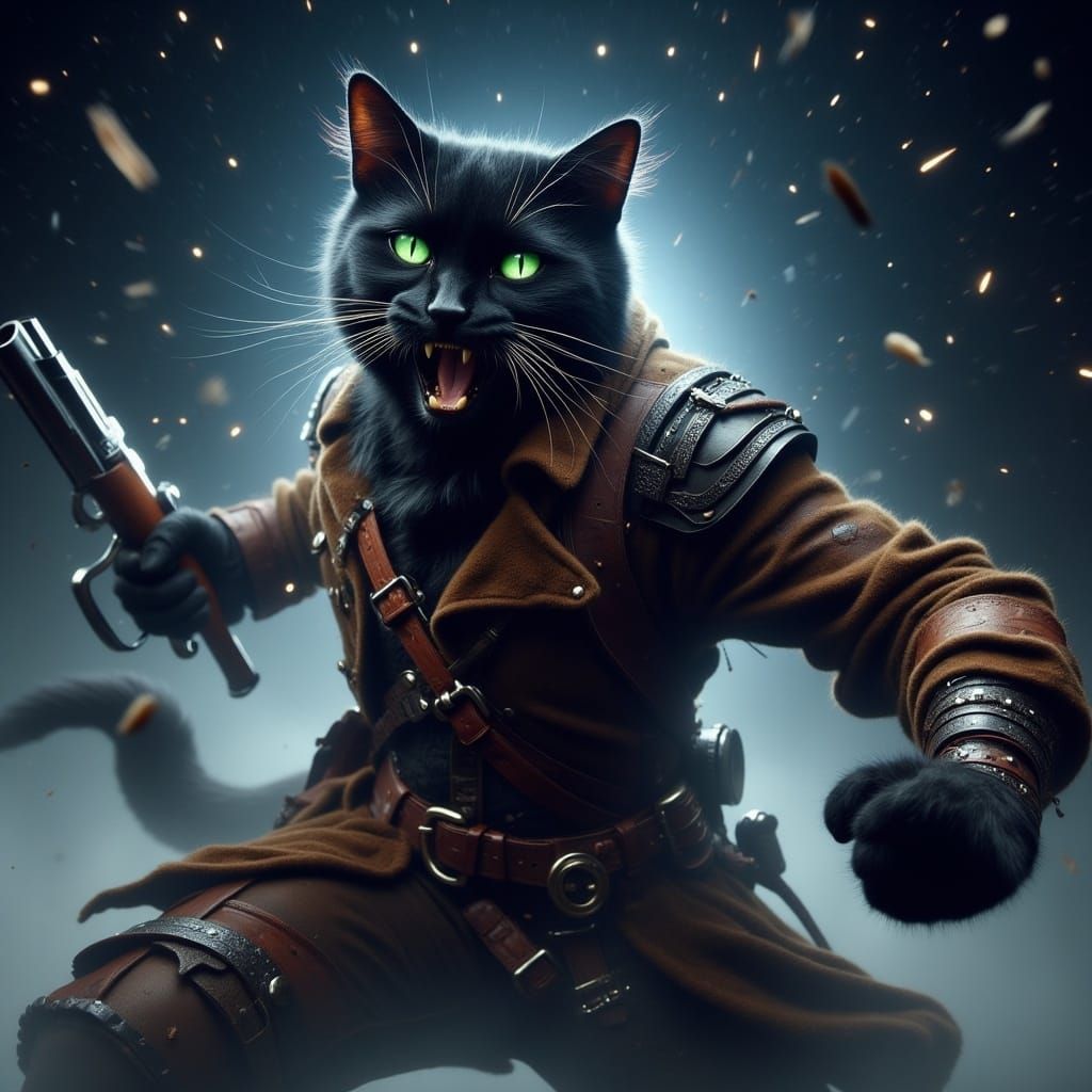 Cyberpunk Catsman in Starry Skies