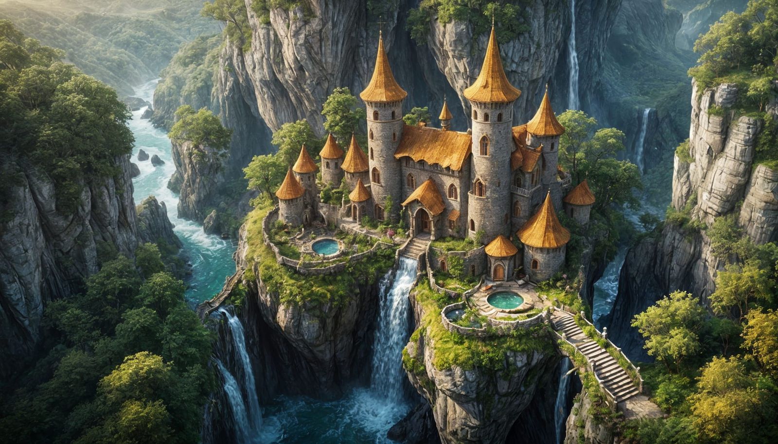 Elven Castle Cottage by Waterfall: Fantasy Concept Art