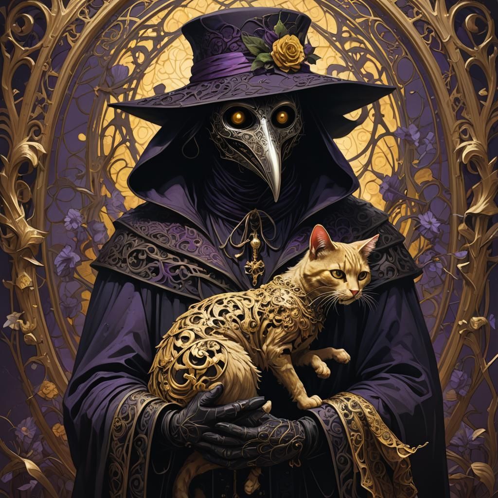 Plague Doctor with Gothic Cat in Art Nouveau Style