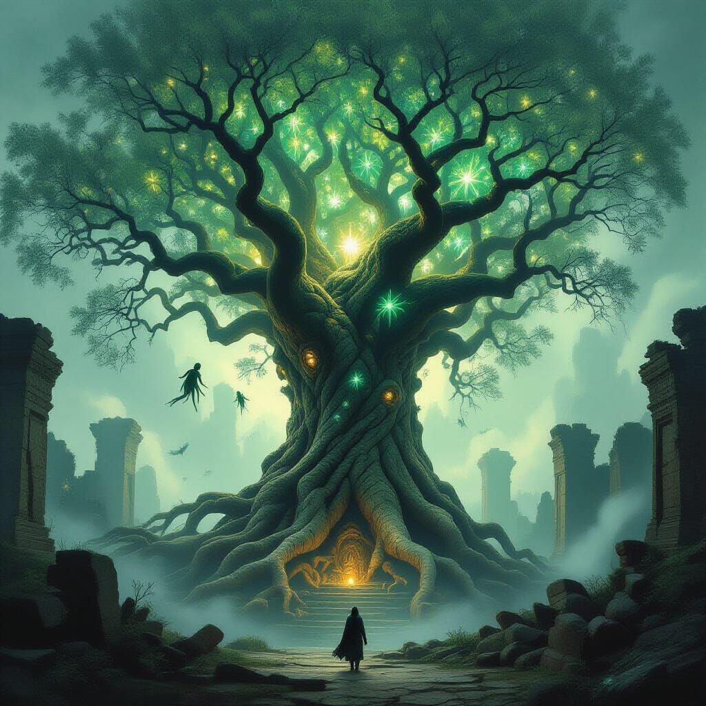 Colossal Bioluminescent Tree with Ancient Ruins