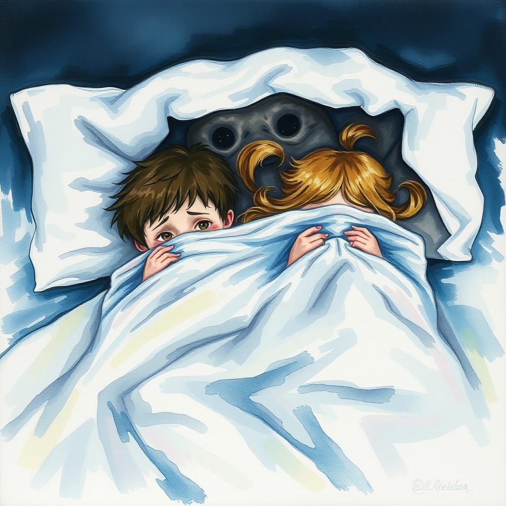 Children Afraid of Monster Under Bed in Oil Painting