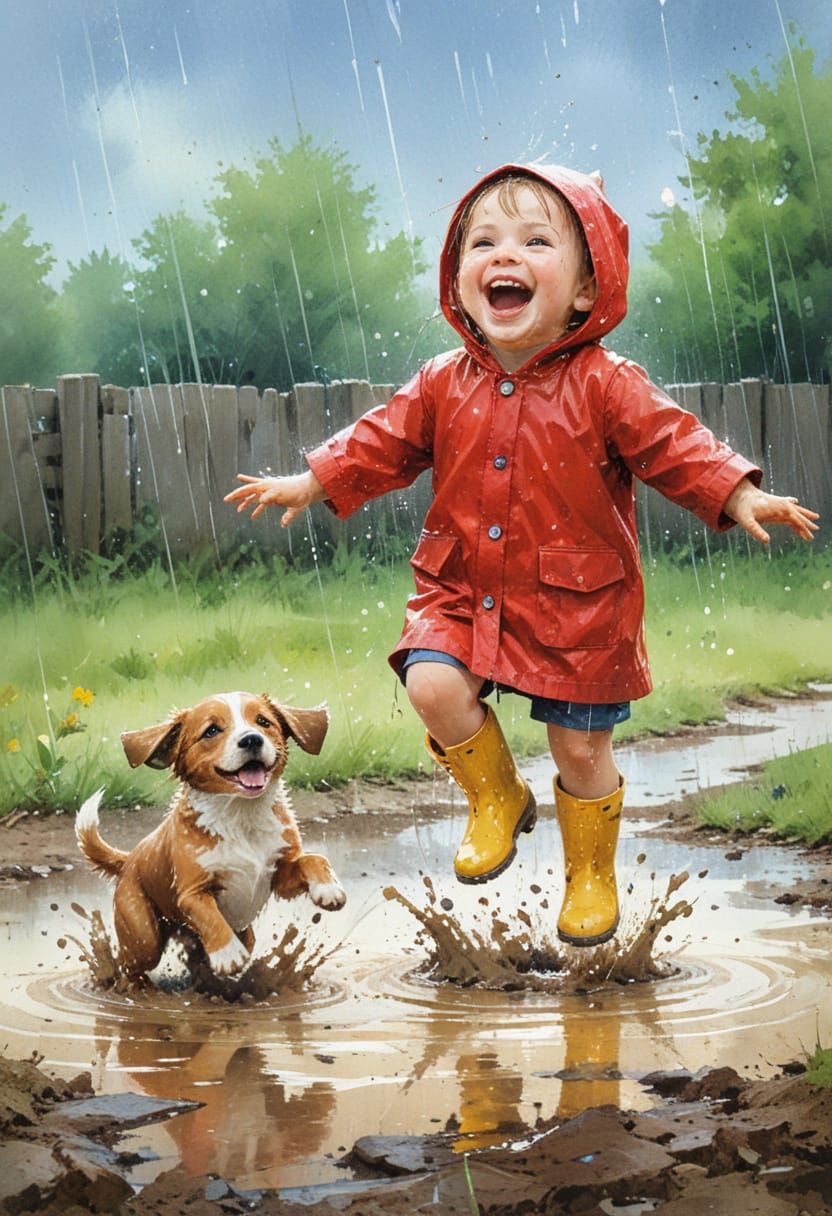 Joyful Toddler and Puppy in Summer Rain, Watercolor Style