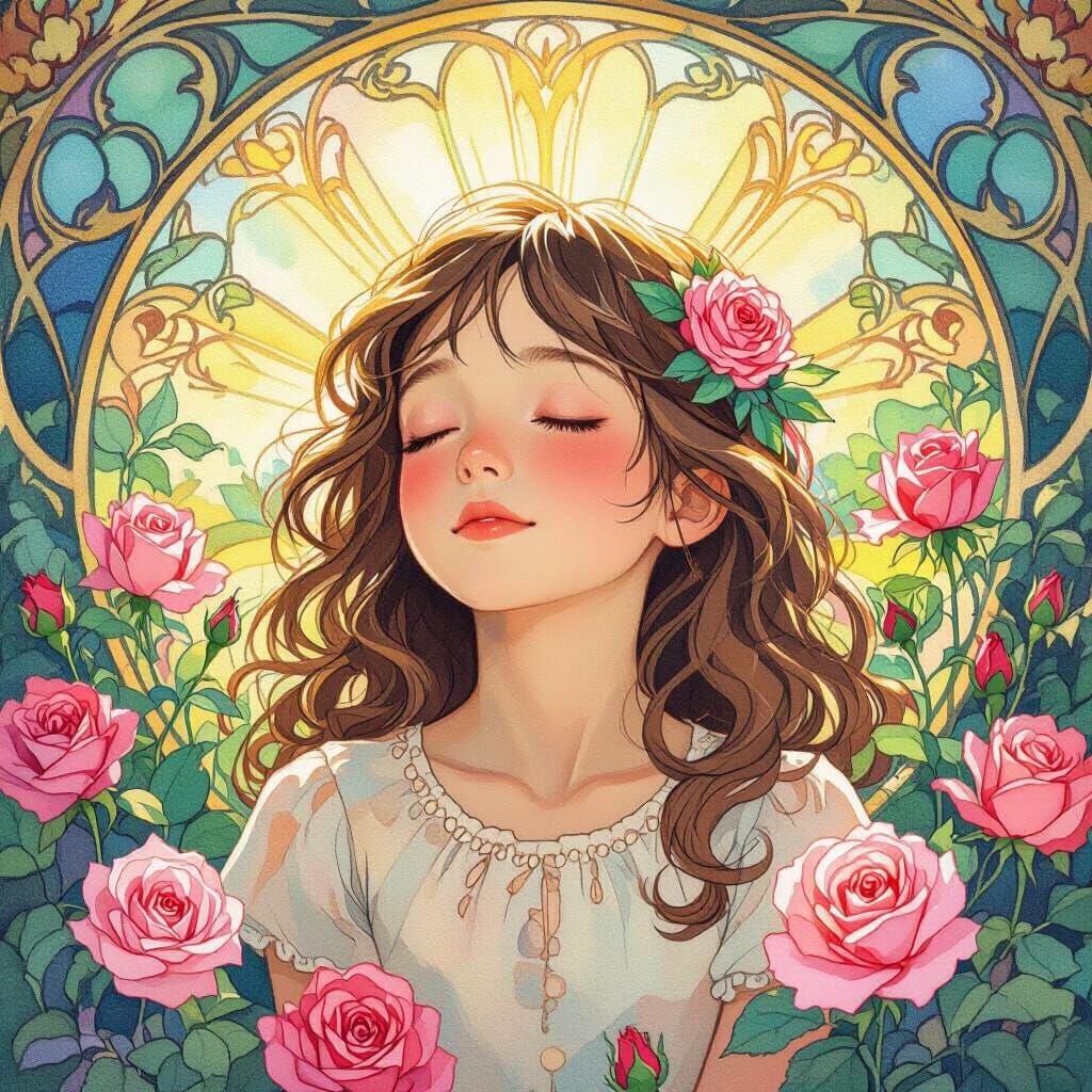 Young Girl in Rose Garden, Luminous Sunny Radiance