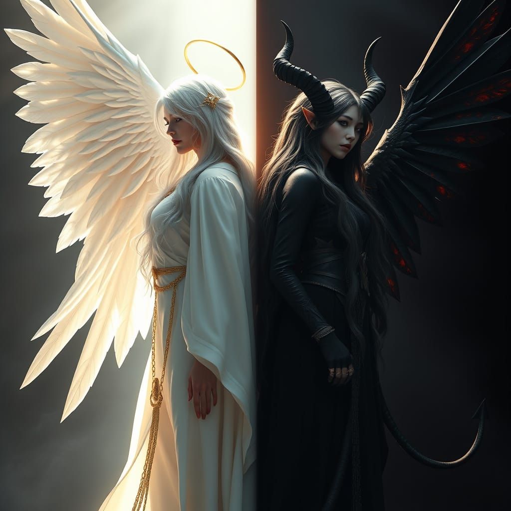 Hyperrealistic Angel and Demon Women Confronting Opposites i...