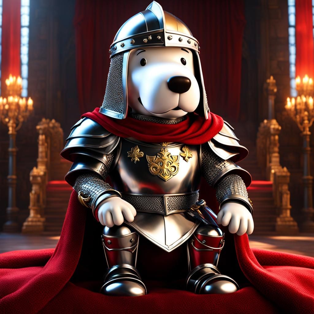 Snoopy garbed in intricately detailed medieval armor, chainmail glistening, tiny helmet polished to a high shine, perche...
