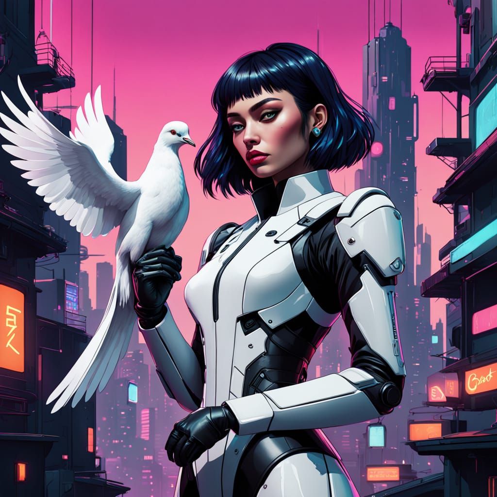 Mysterious Woman with Dove in Cyberpunk Cityscape