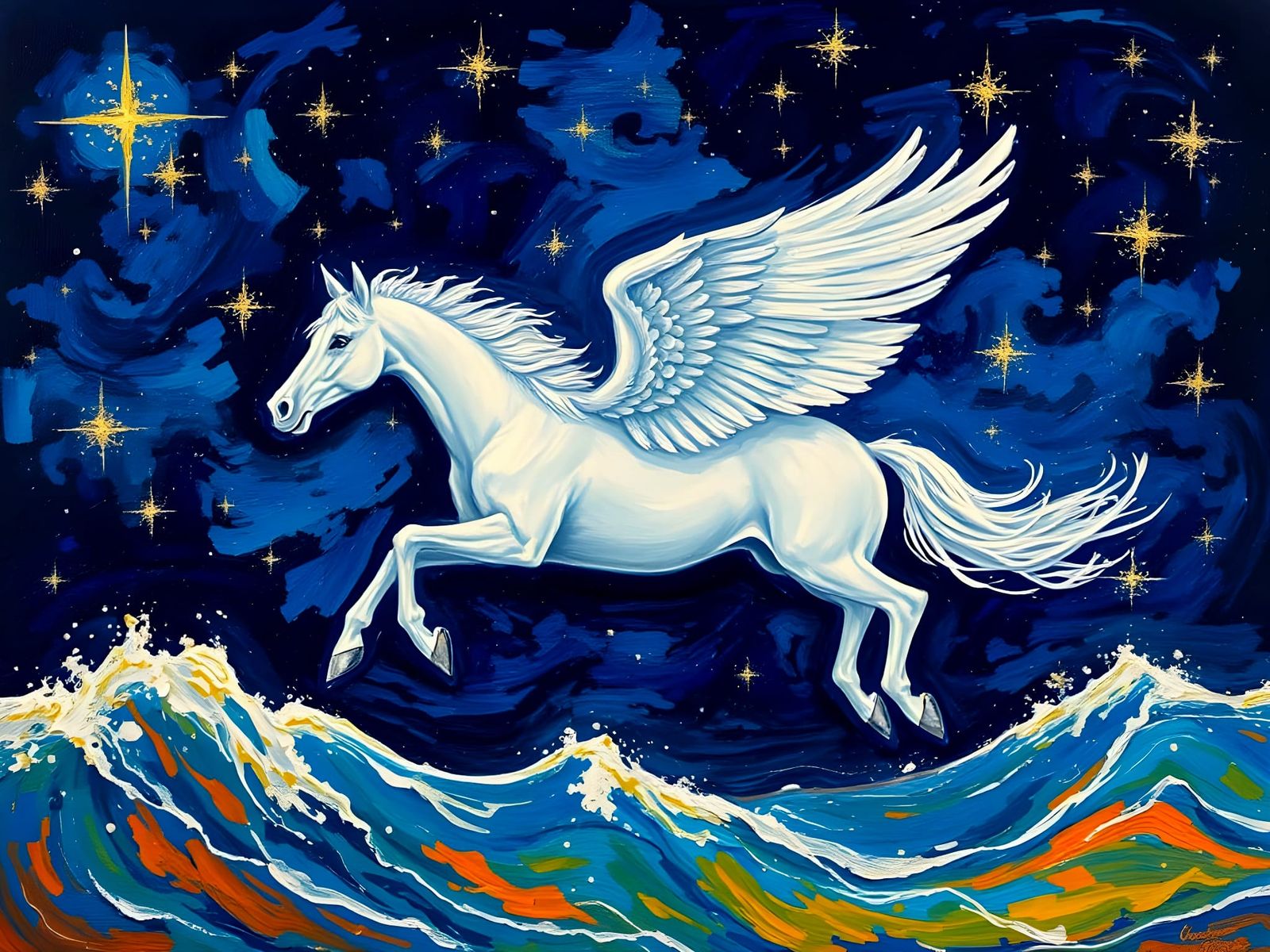 White Pegasus Soaring in Textured Starry Sky