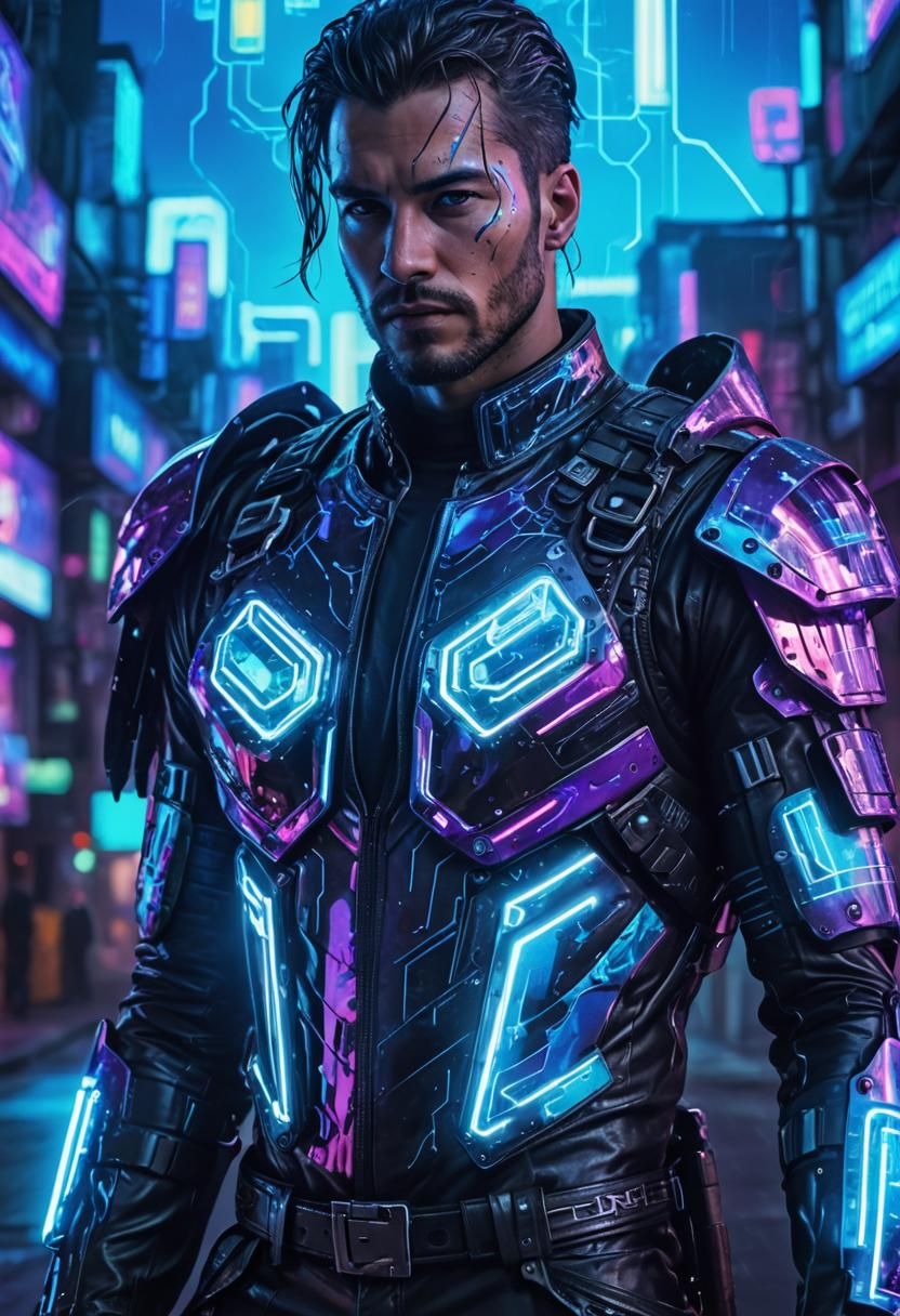 Cyberpunk Man Portrait in Neon Noir Style