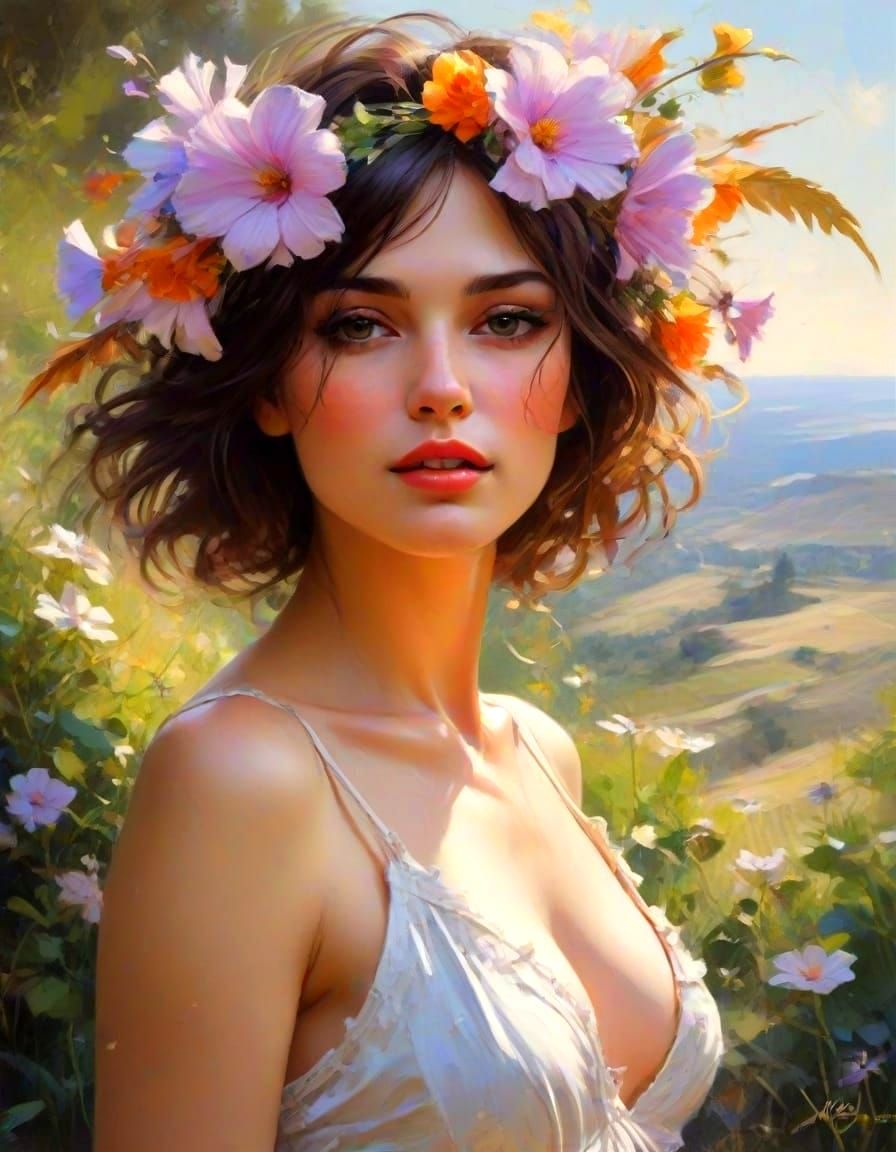 Vibrant Flapper Woman Amidst Whirling Leaves and Wildflowers