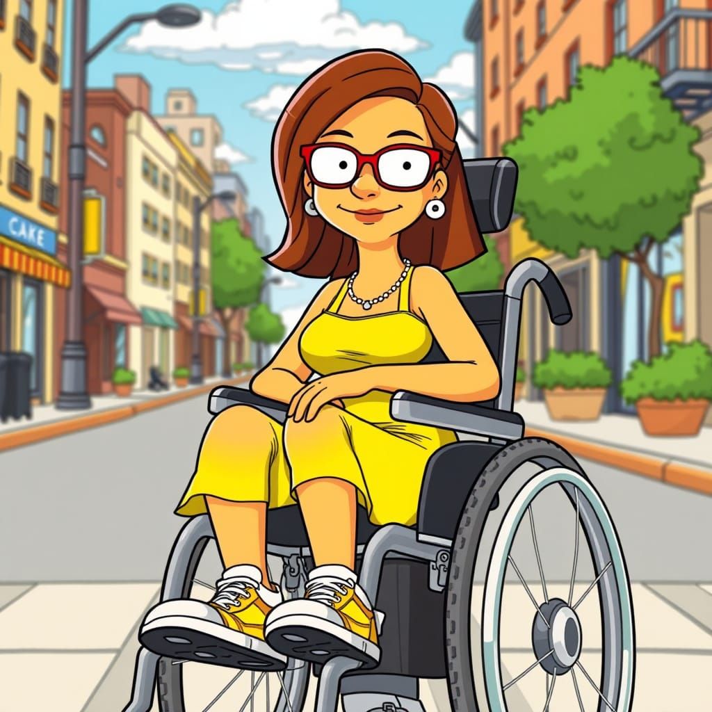 brunette young woman with glasses in power wheelchair in the style of The Simpsons