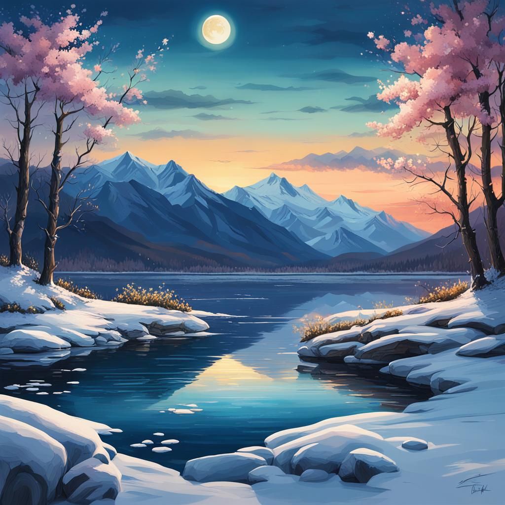 Spring Dusk Lake Landscape with Snow Mountains