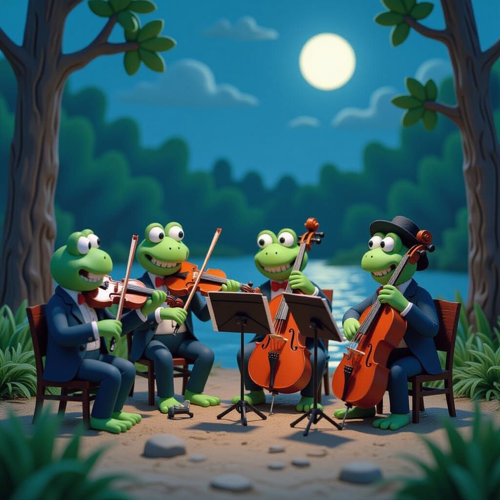 Claymation frog orchestra