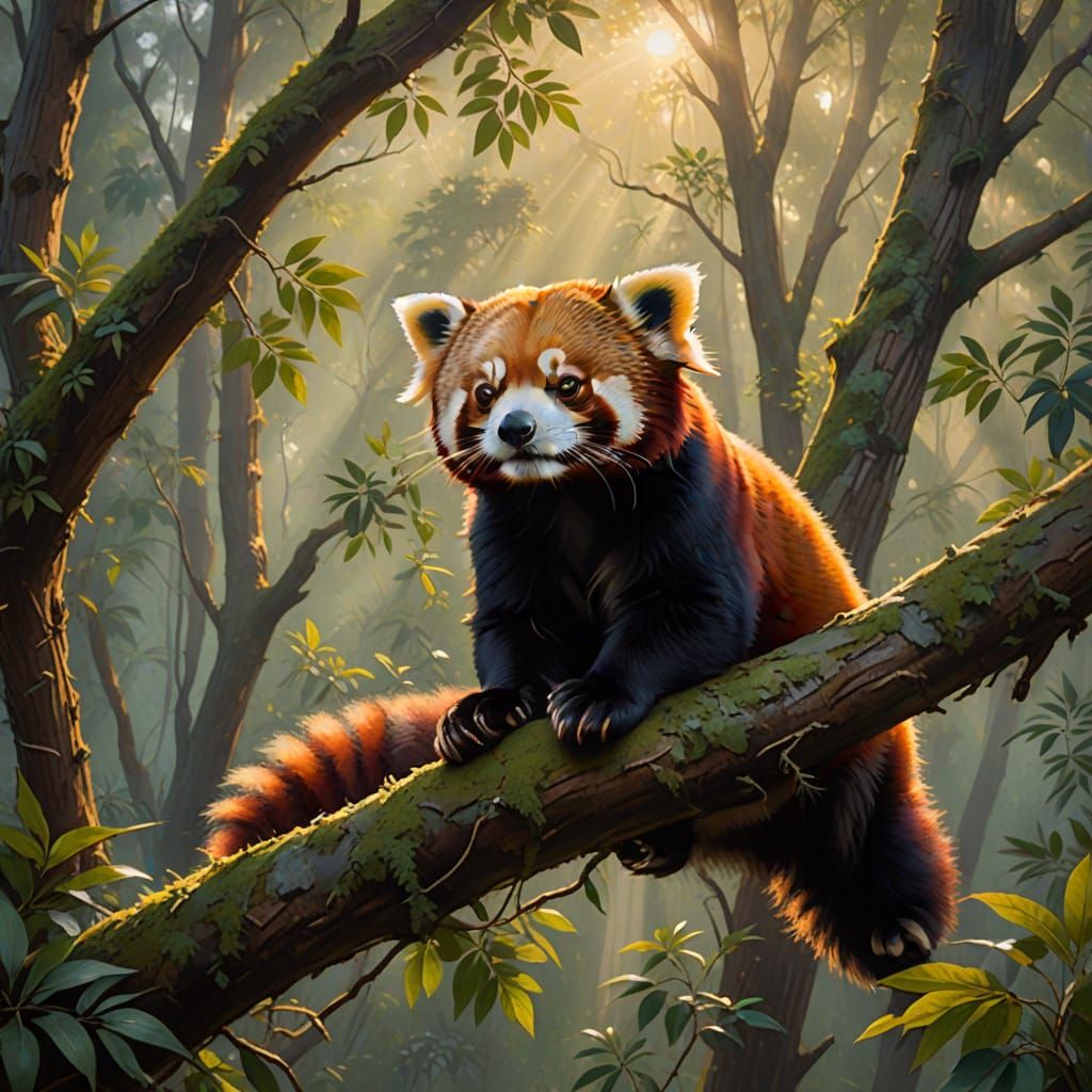 Red Panda Lounging in Forest Canopy, Oil Painting