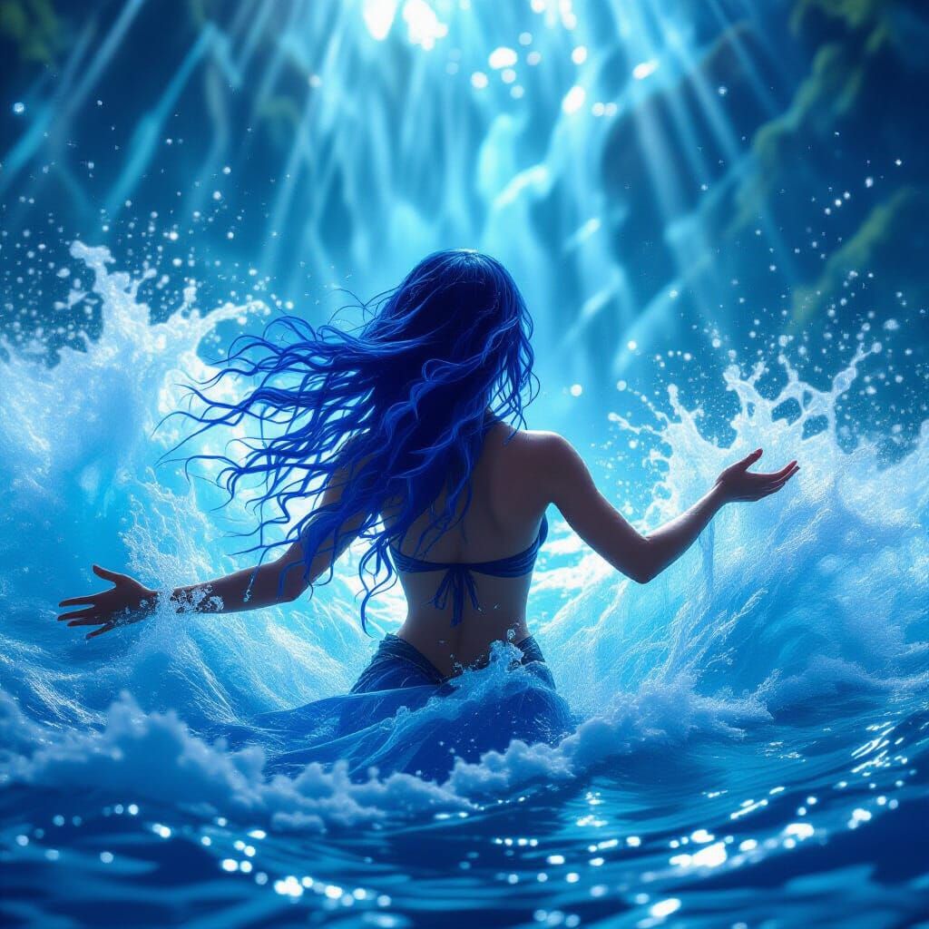 Woman Summoning Swirling Water with Blue Hair