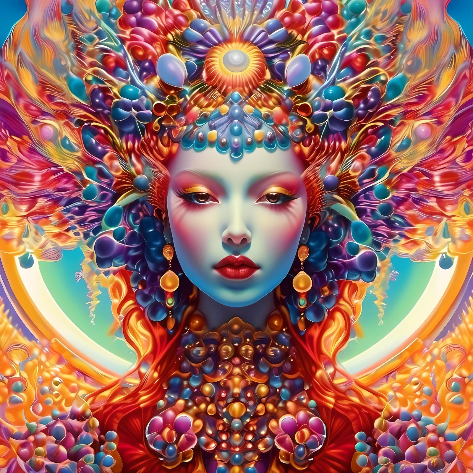 Opalescent Fairy Queen with Celestial Orbs in Art Nouveau