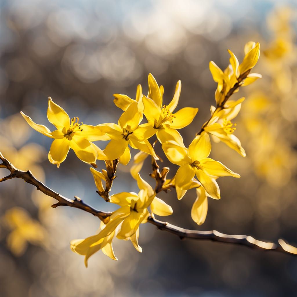 Sumi-e Forsythia Branch in Golden Hour Light
