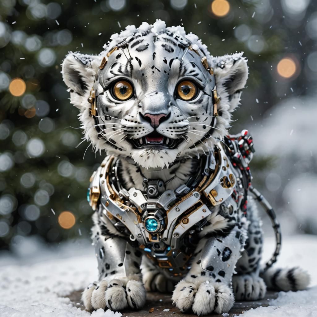Photorealistic Baby Snow Leopard Cyborg Portrait