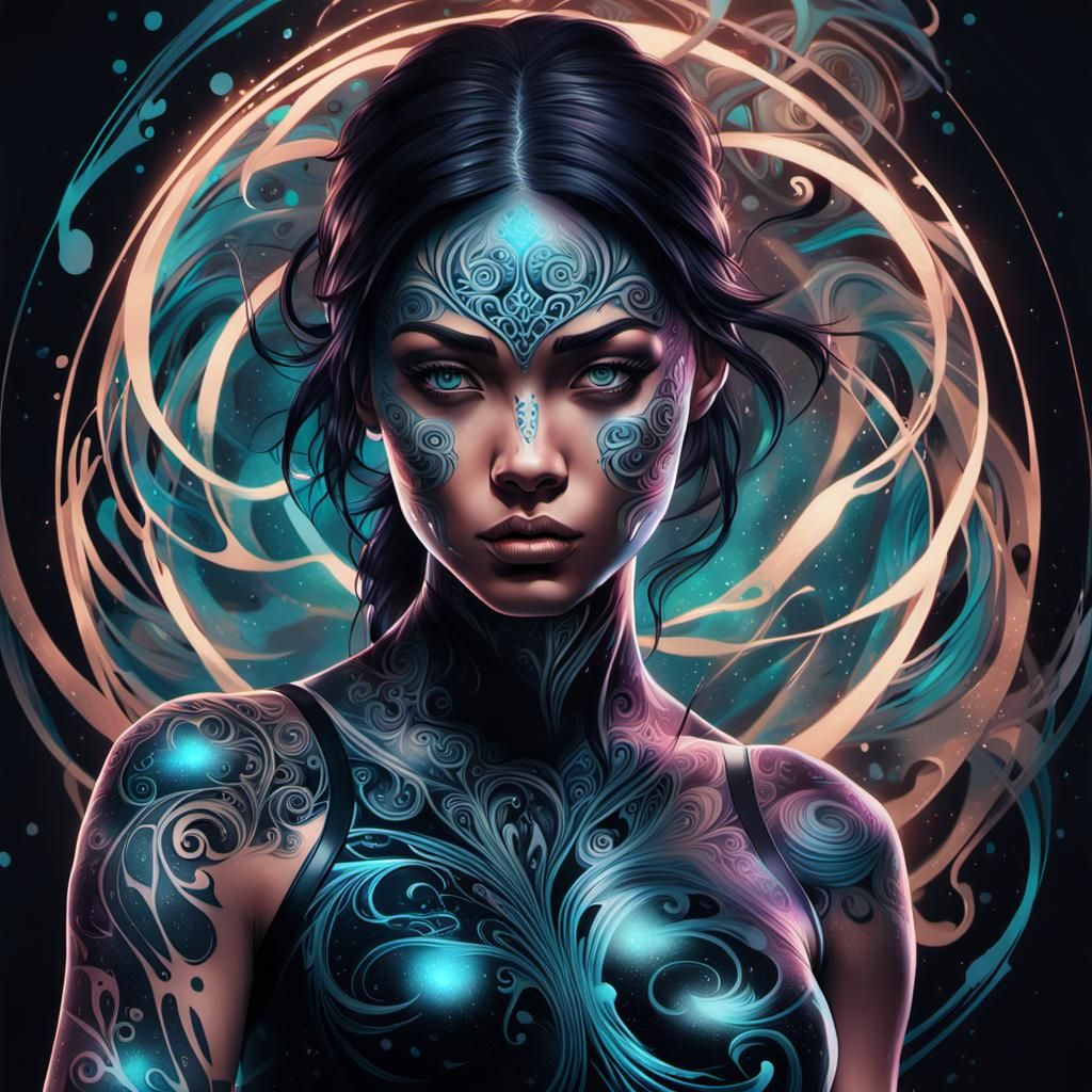 Mystical Woman with Tattoo in Hyper-Realistic Digital Art