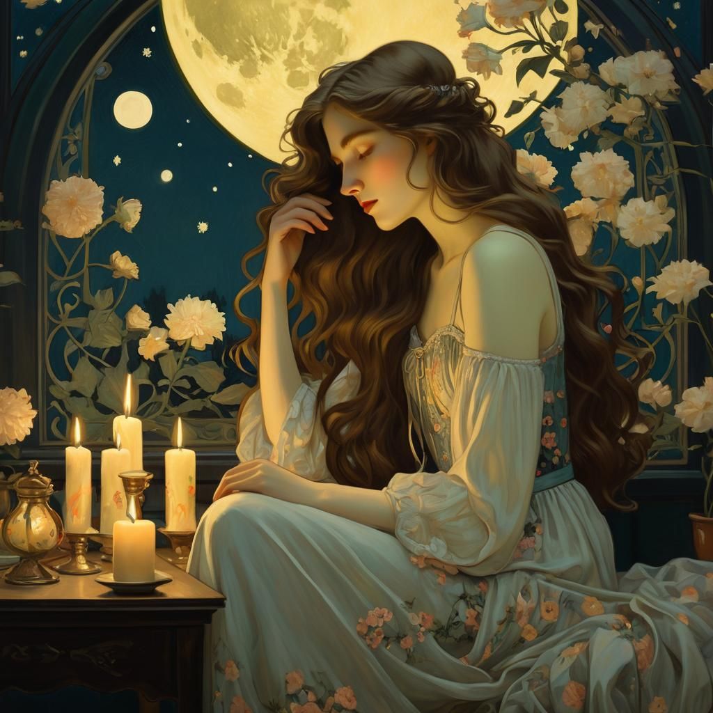 Woman Combing Hair in Moonlit Garden, Art Nouveau
