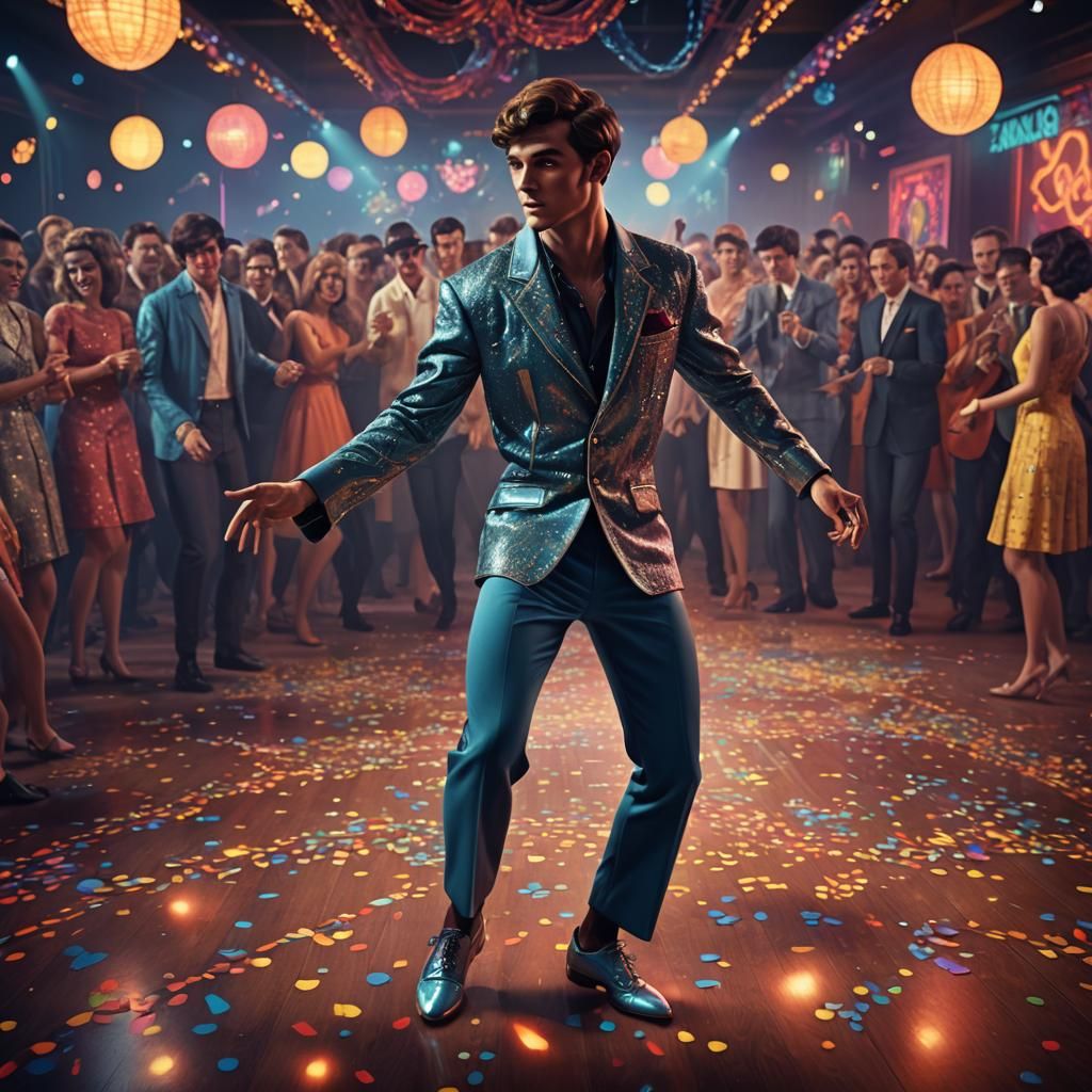 An image from the 60s with a male dancer on the dance floor,  high definition, high resolution,  studio lighting,  highl...