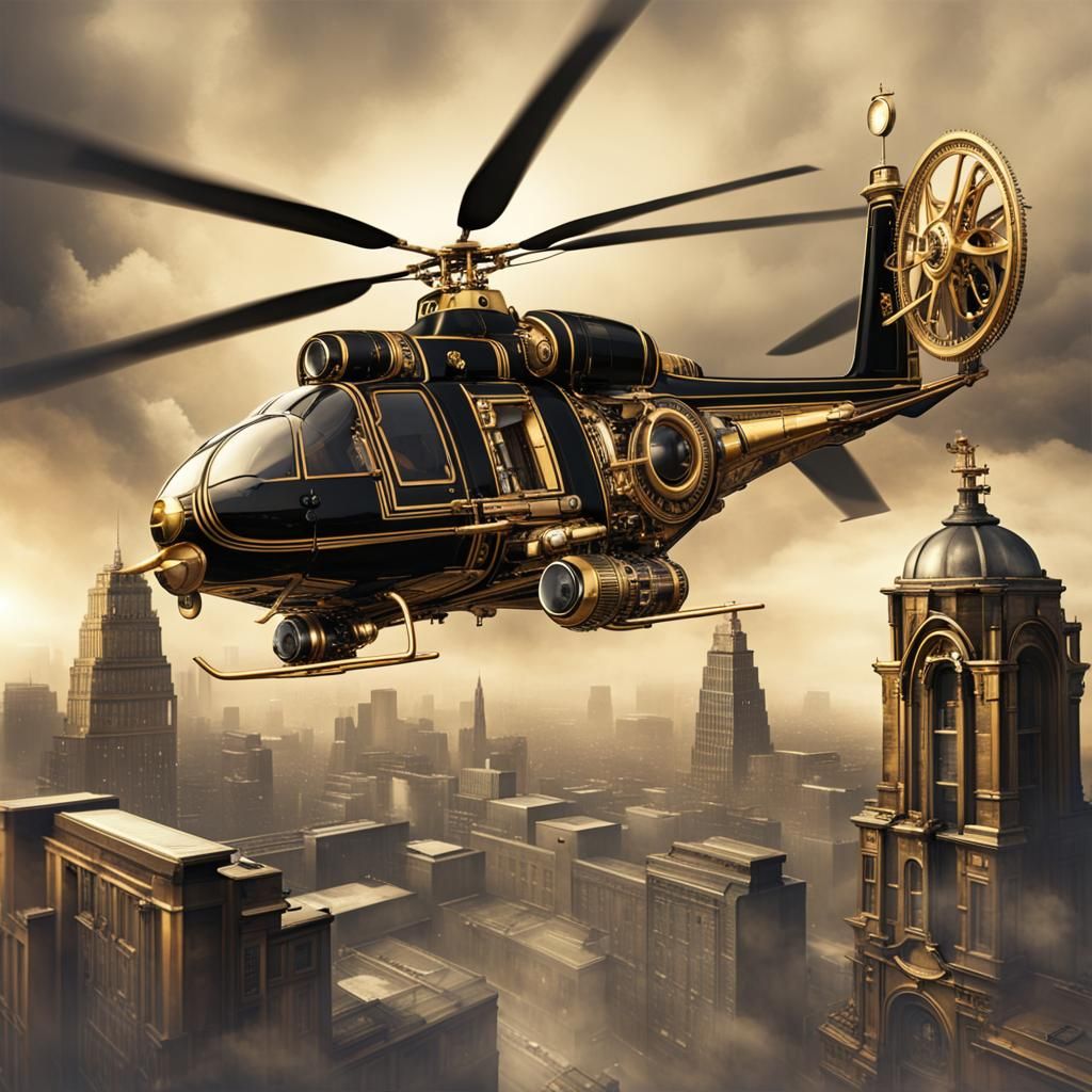 Steampunk Helicopter Over Cityscape