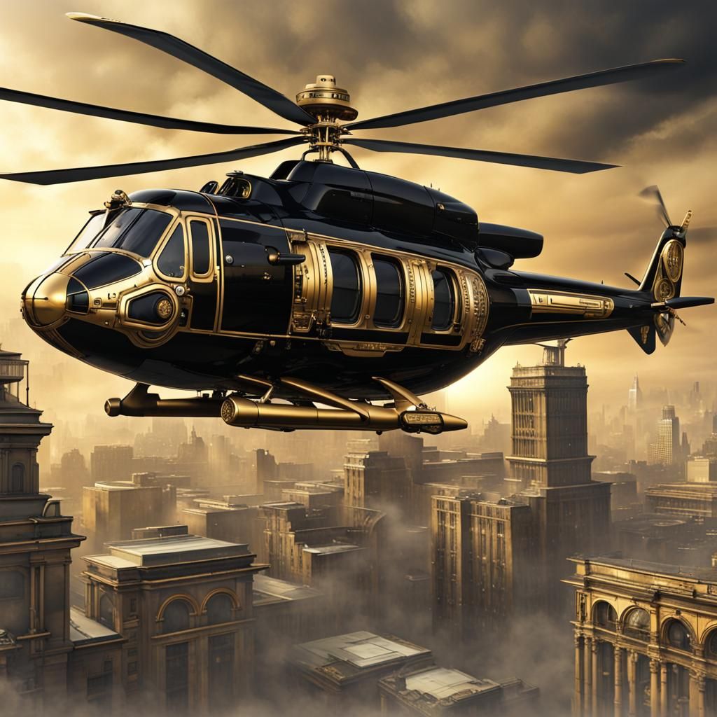 Steampunk Helicopter with Gold Livery Flying Over City