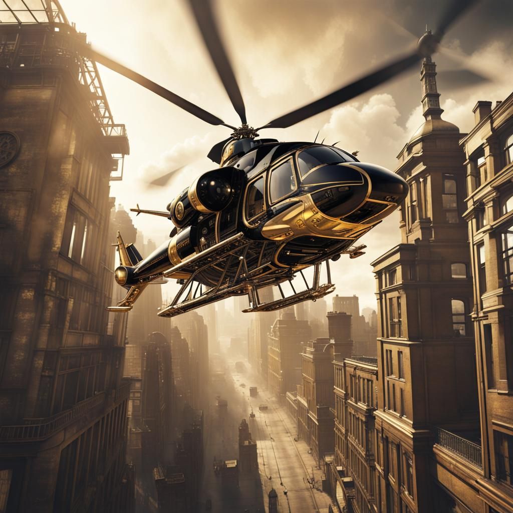 Steampunk Helicopter Over City with Gold Livery