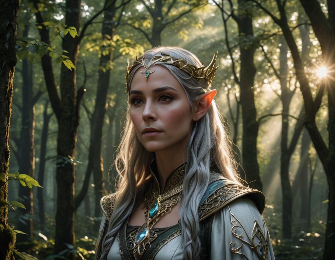 Elven Priestess in Magical Forest, Hyperrealistic 3D Render