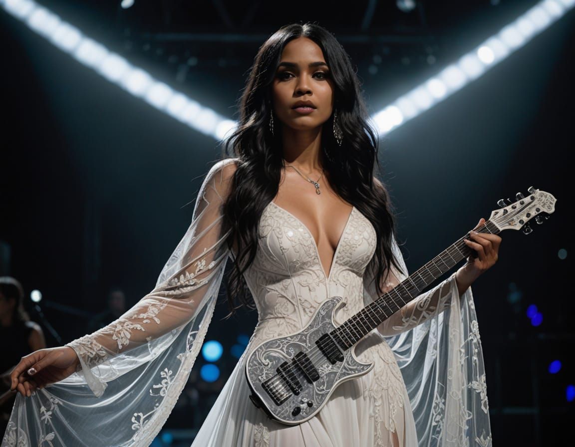 Dominican Woman with Guitar on Stage in Hyperrealistic Photo