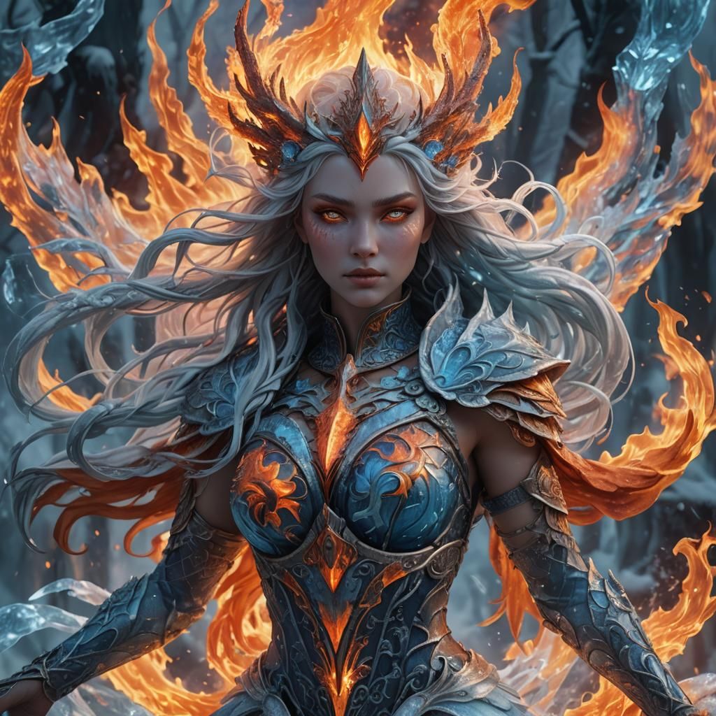 Goddess of Ice and Fire in Mythic Digital Art
