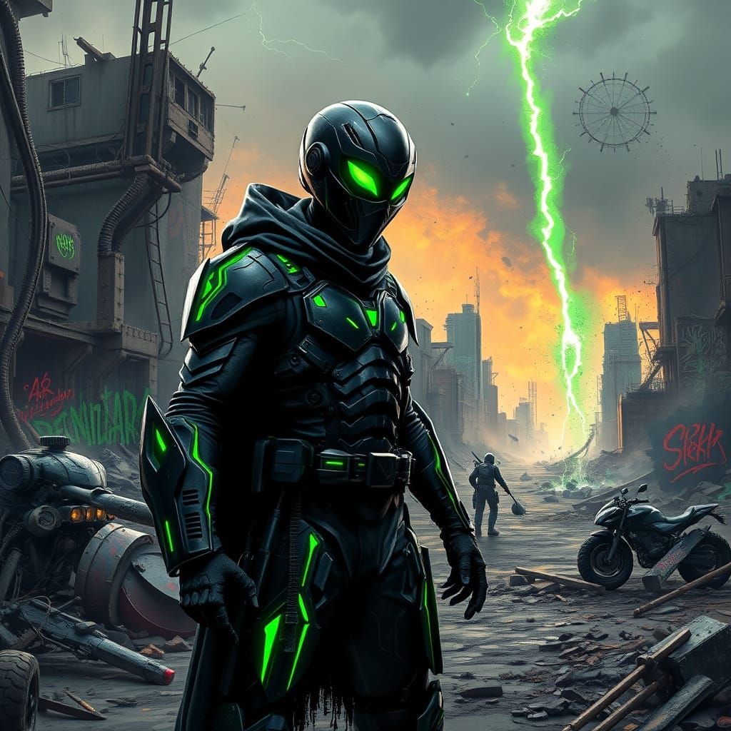 Cyberpunk Warrior Stands Vigilant Amidst War-Torn Ruins