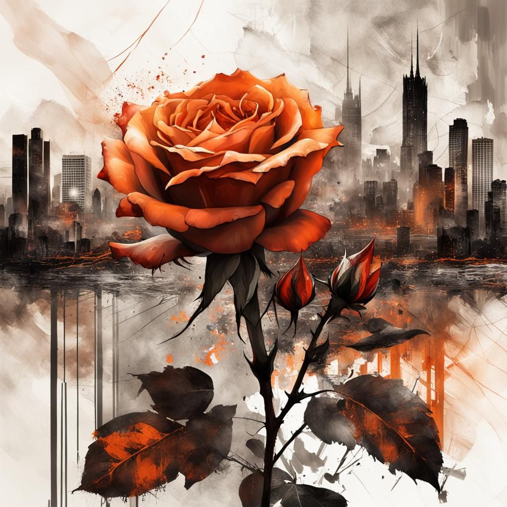 Burnt Orange Rose with Translucent Urban Landscape