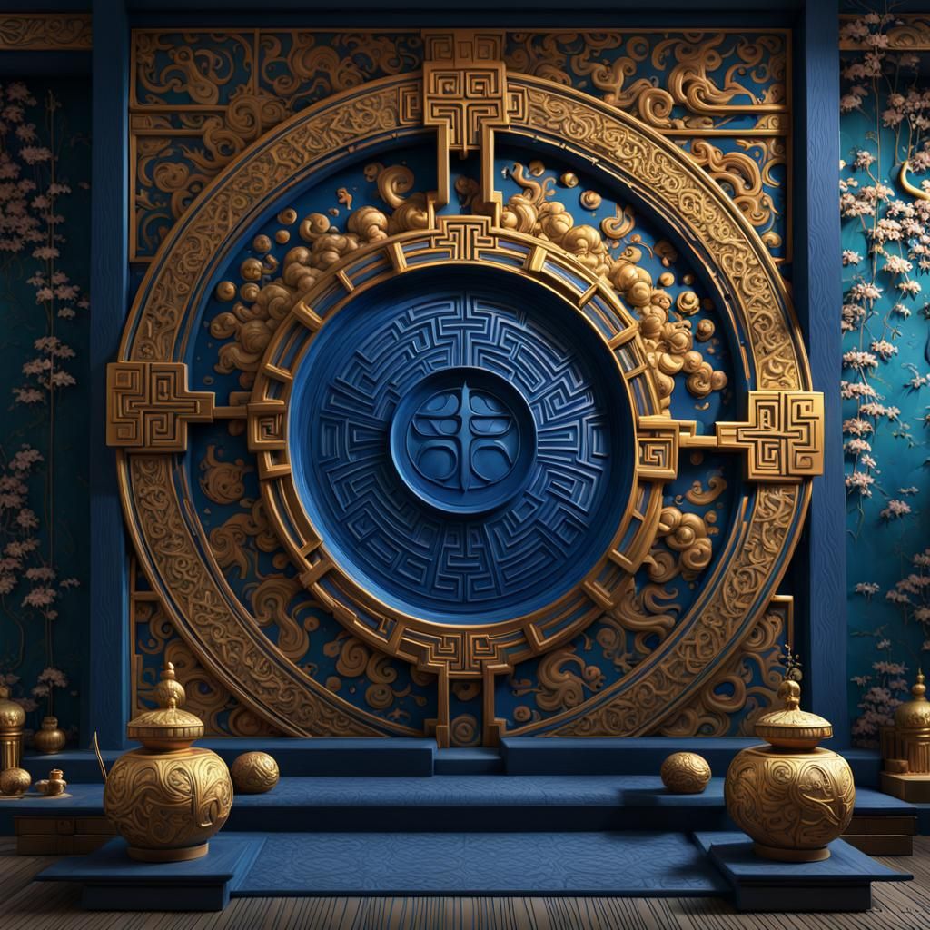 Golden Reiki Symbol on Blue Japanese Temple Wall