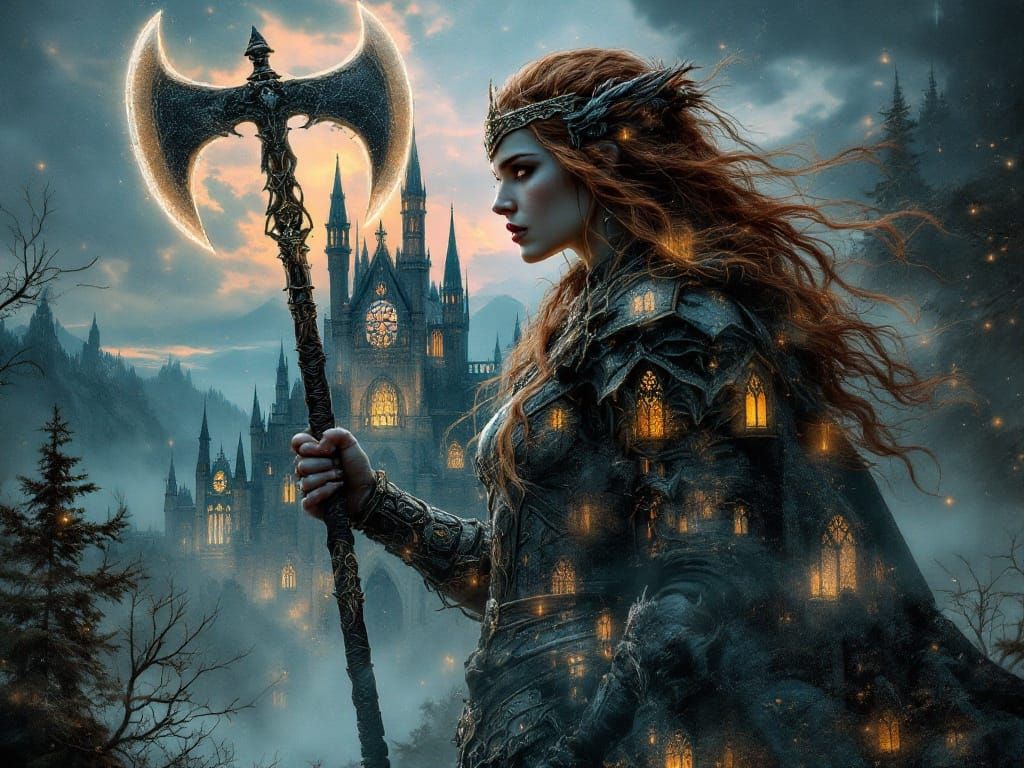 Viking Warrior and Gothic Castle Double Exposure