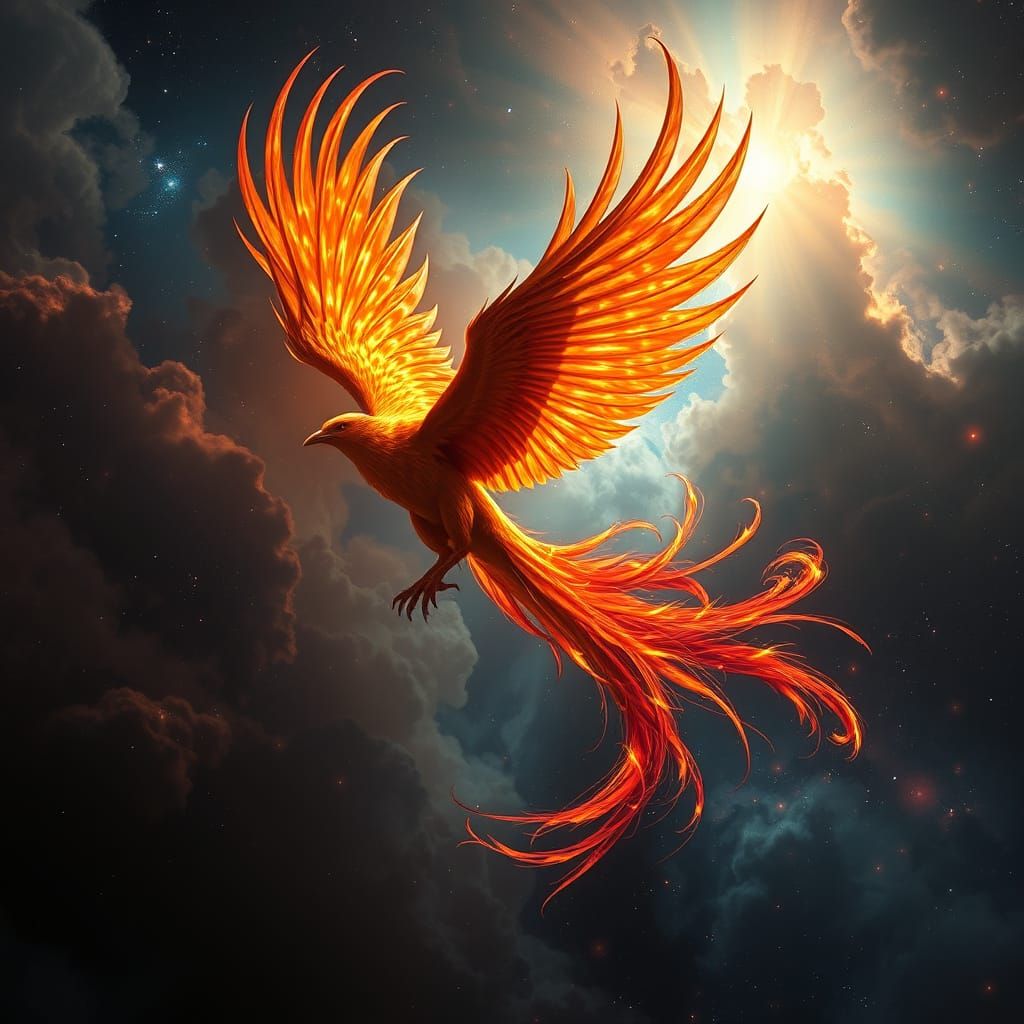 Phoenix Soaring Through Nebula in Cosmic Horror Scene