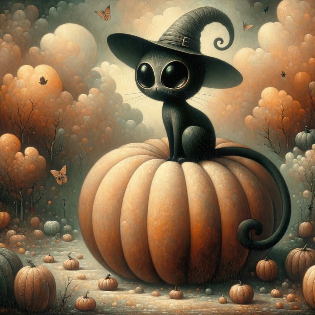 Surreal Cat Witch Rests on Giant Pumpkin