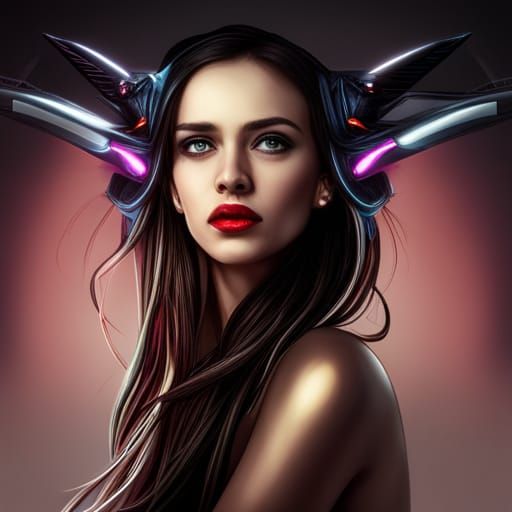 Hyperrealistic Woman with Cat Ears in Neon Lights