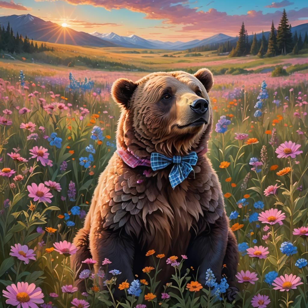Brown Bear Cub in Flower Field at Sunset