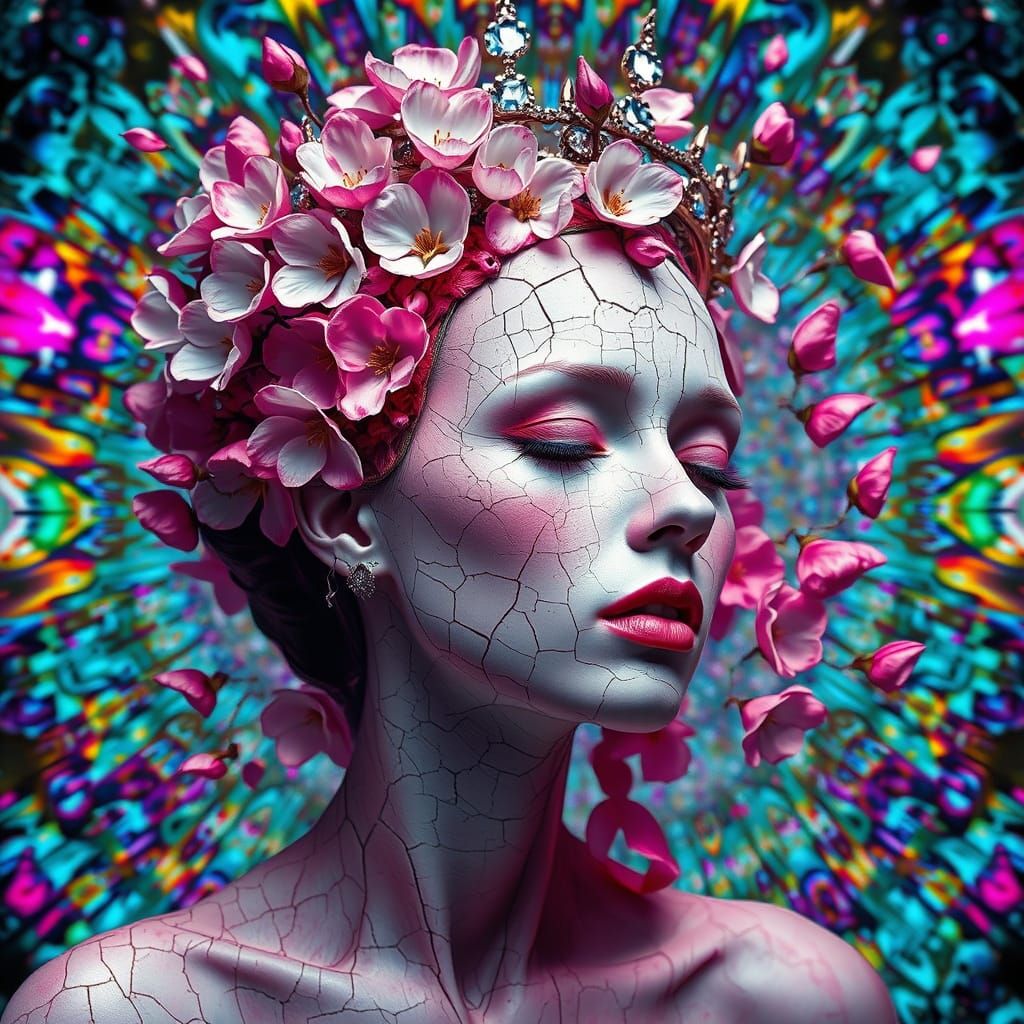 Cherry Blossom Woman with Cracked Porcelain Skin