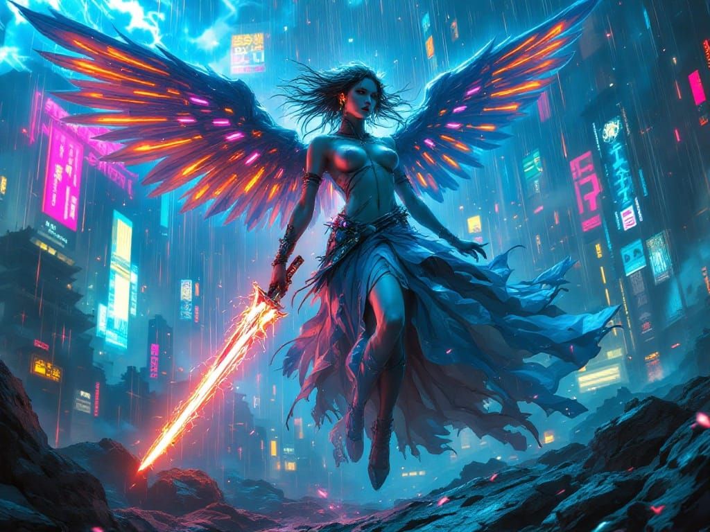 Cyberpunk Valkyrie Descends in Digital Storm