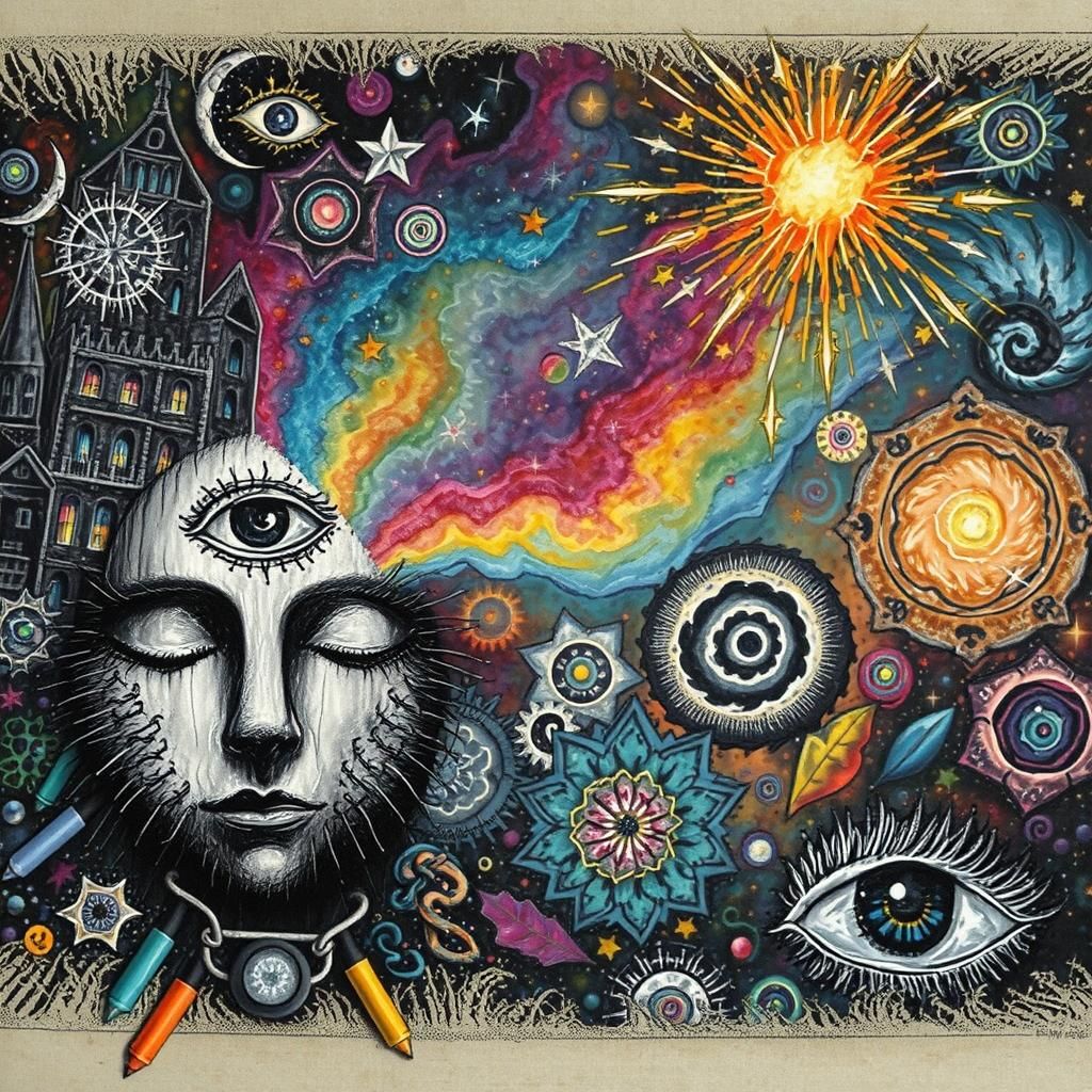 Dreamlike Cityscape in Psychedelic Crayon Style